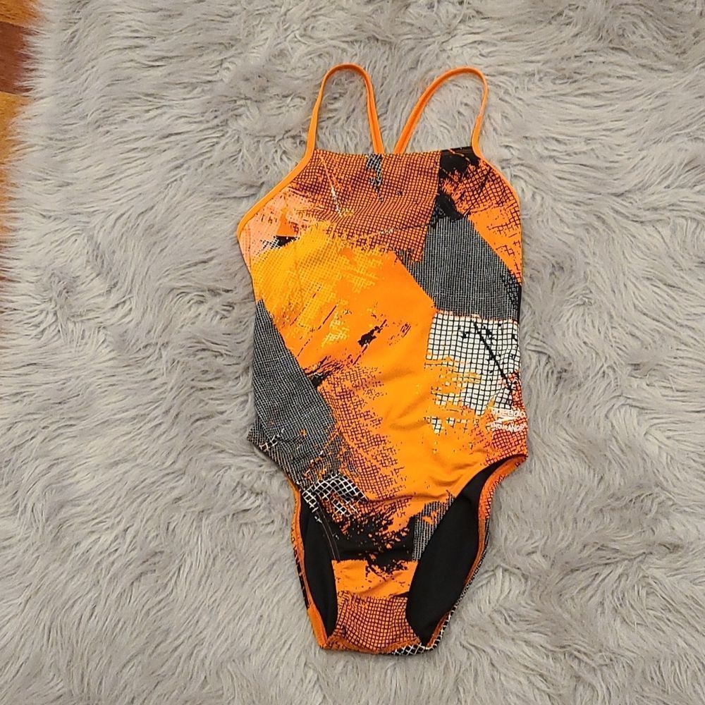 Speedo endurance womens orange, gray, black and white one piece swimsuit size 30